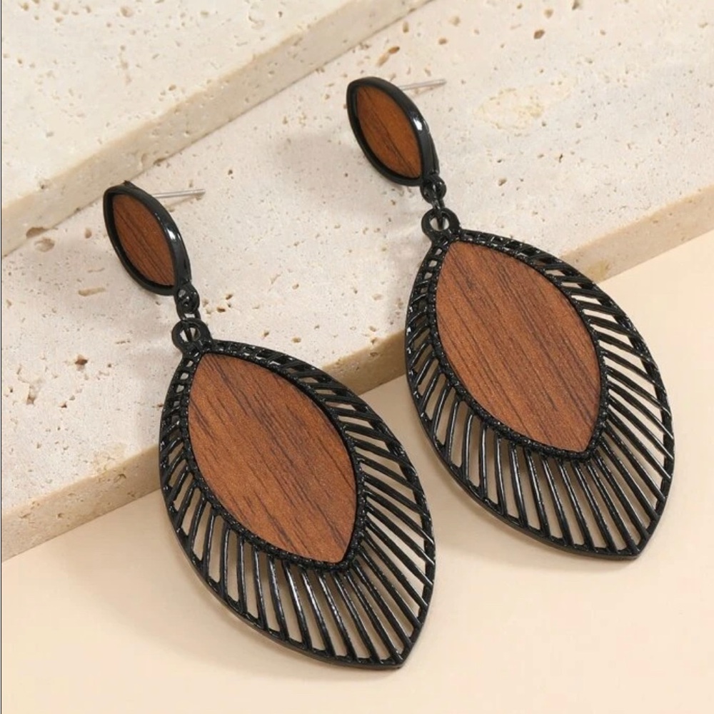 New boho wooden metal statement earrings